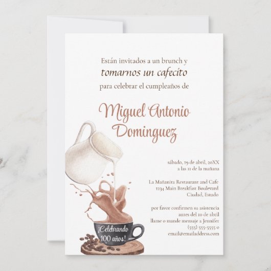 Invitation Espagnol Great Coffee Splash 100e fête d'anniversa (Devant)