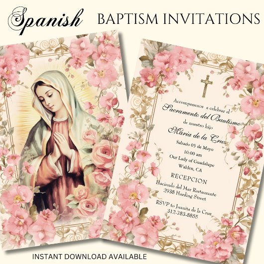Invitation Espagnol Guadalupe Baptême rose Floral