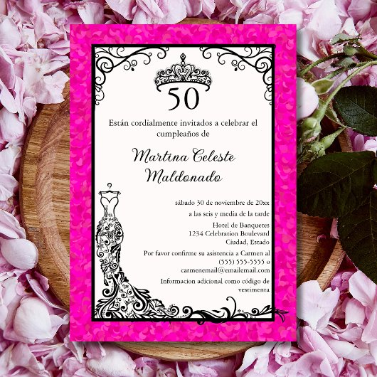 Invitation Espagnol Hot rose Black Classy 50ème anniversaire