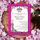 Invitation Espagnol Hot rose Black Classy 90e fête d'annivers