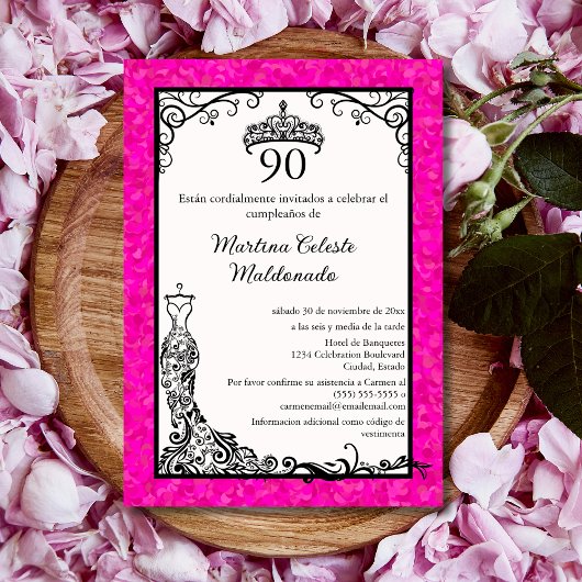 Invitation Espagnol Hot rose Black Classy 90e fête d'annivers