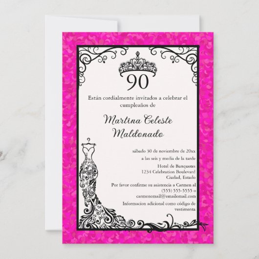 Invitation Espagnol Hot rose Black Classy 90e fête d'annivers (Devant)