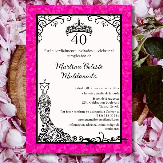 Invitation Espagnol Hot rose Black Elegant 40e fête d'anniver