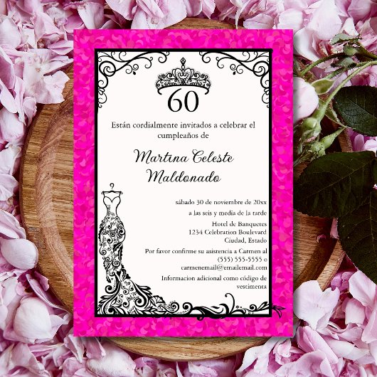 Invitation Espagnol Hot rose Black tendance 60e fête d'annive