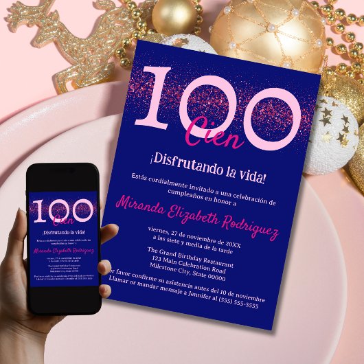 Invitation Espagnol Hot rose Chic Femmes 100e anniversaire