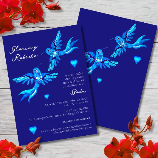 Invitation Espagnol, Invitación Boda Mexicana Colibrí Azul