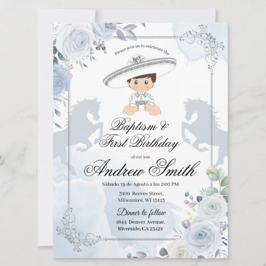 Invitation Espagnol Mexicain Argent Charro Baptême & Annivers (Devant)