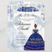 Invitation Espagnol Mexicain Mis Quince Marine Bleu Argent (Devant / Derrière)