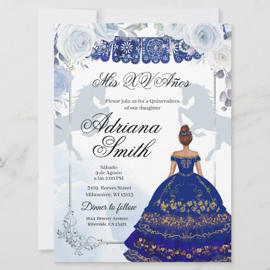 Invitation Espagnol Mexicain Mis Quince Marine Bleu Argent (Devant)