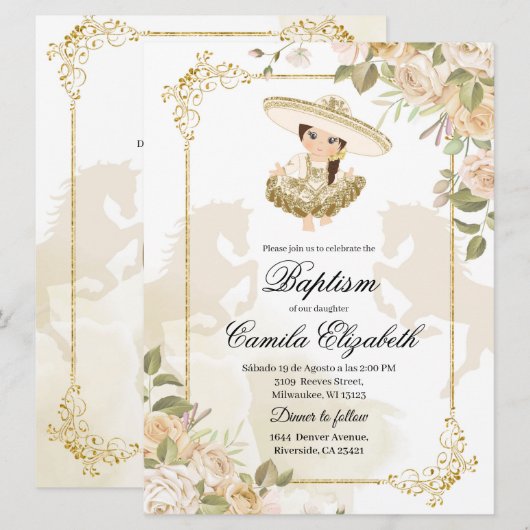 Invitation Espagnol Mexicaine Gold Girl Charra Baptême (Devant / Derrière)