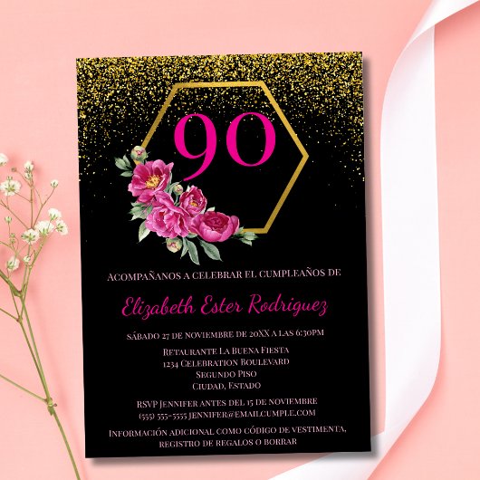 Invitation Espagnol moderne Black Gold & Pink 90e anniversair