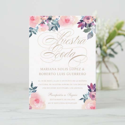 Invitation Espagnol Nuestra Boda flores pintadas rosada morad (Debout devant)