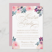 Invitation Espagnol Nuestra Boda flores pintadas rosada morad (Devant / Derrière)