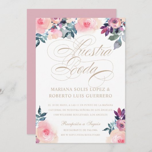 Invitation Espagnol Nuestra Boda flores pintadas rosada morad (Devant / Derrière)