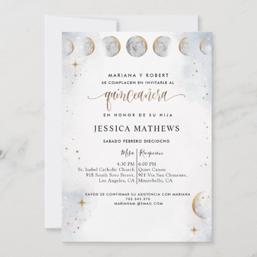Invitation Espagnol, Or, Blanc Silver Celestial Quinceañera (Devant)