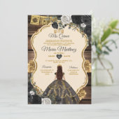 Invitation Espagnol Or et Noir Floral Bois Quiñceanera (Debout devant)