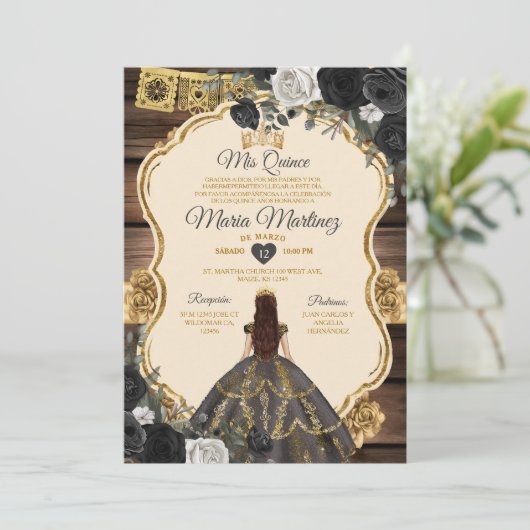Invitation Espagnol Or et Noir Floral Bois Quiñceanera (Debout devant)