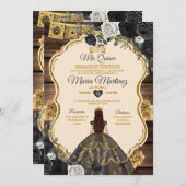Invitation Espagnol Or et Noir Floral Bois Quiñceanera (Devant / Derrière)