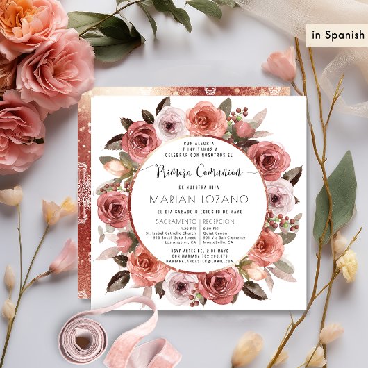 Invitation Espagnol, première communion, or Rose Floral
