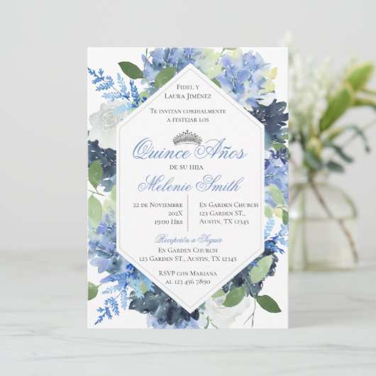 Invitation Espagnol Quinceanera Bleu Floral (Debout devant)