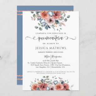 Invitation Espagnol, Quinceañera Dusty Blue Rose Gold Floral