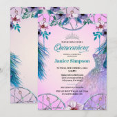Invitation Espagnol Quinceañera plume Dream attrcher rose Inv (Devant / Derrière)