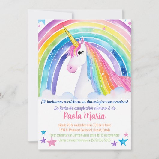 Invitation Espagnol Rainbow Unicorn fête d'anniversaire pour  (Devant)