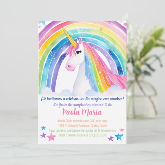 Invitation Espagnol Rainbow Unicorn fête d'anniversaire pour  (Debout devant)