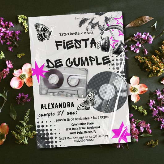 Invitation Espagnol Retro Music N'importe quel âge Noir & Ros