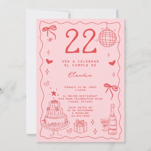 Invitation Espagnol Retro Quirky Red Pink 22e anniversaire (Devant)