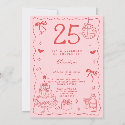 Invitation Espagnol Retro Quirky Red Pink 25e anniversaire (Devant)