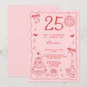 Invitation Espagnol Retro Quirky Red Pink 25e anniversaire (Devant / Derrière)