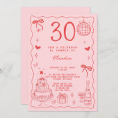 Invitation Espagnol Retro Quirky Red Pink 30e anniversaire (Devant / Derrière)