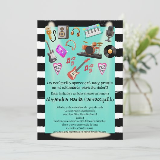 Invitation Espagnol Rock n Rouleau Turquoise bébé garçon douc (Debout devant)