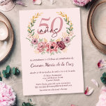 Invitation Espagnol rose élégant Floral 50e fête d'anniversai<br><div class="desc">Célébrez son 50e anniversaire avec élégance en utilisant cette invitation sophistiquée rose, bordeaux et or en espagnol. Le design présente un arrière - plan rose vif raffiné, mis en valeur par un cadre circulaire fleuri agrémenté de délicates fleurs roses, mauves et bordeaux, d'accents dorés et de verdure. Au centre, "50...</div>
