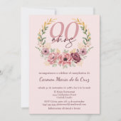 Invitation Espagnol rose élégant Floral 90ème anniversaire fê (Devant)