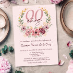 Invitation Espagnol rose élégant Floral 90ème anniversaire fê<br><div class="desc">Célébrez son 90e anniversaire avec une élégance intemporelle en utilisant cette invitation espagnole sophistiquée, conçue dans une étonnante palette de rose, bordeaux et or. L'invitation présente un arrière - plan rose vif et doux, joliment décoré d'un cadre circulaire fleuri de délicats fleurs roses, mauves et bordeaux, rehaussé d'accents dorés et...</div>