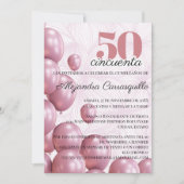 Invitation Espagnol Rose Floral Balloons 50e Anniversaire (Devant)