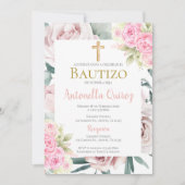 Invitation Espagnol rose Floral Baptême fille (Devant)