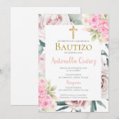 Invitation Espagnol rose Floral Baptême fille (Devant / Derrière)