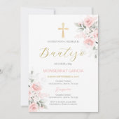 Invitation Espagnol rose Floral Baptême fille (Devant)