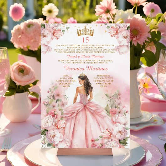 Invitation Espagnol Rose princesse Or 15 Años Anniversaire