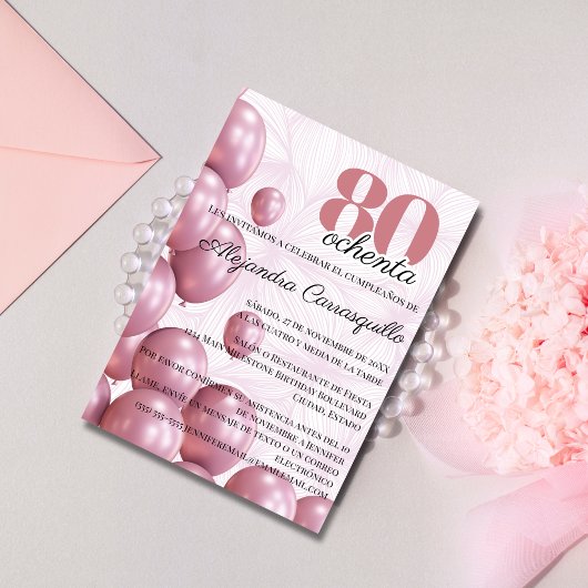 Invitation Espagnol Rose rose floral Balloons 80e anniversair