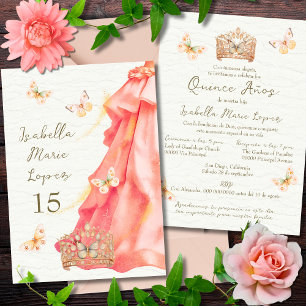 Invitation Espagnol, Roses Saumons Papillons Quinceañera