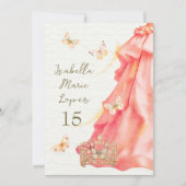 Invitation Espagnol, Roses Saumons Papillons Quinceañera (Devant)