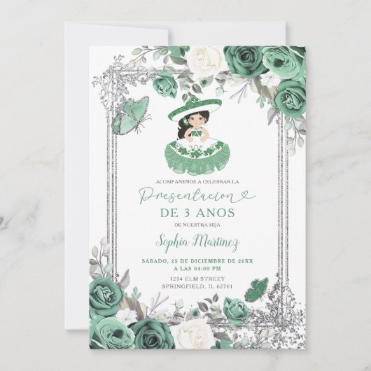 Invitation Espagnol Sage Green Silver Presentacion 3 Anos (Devant)