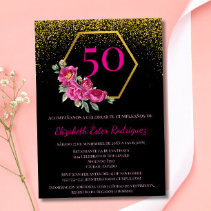 Invitation Espagnol tendance chic noir or rose 50e anniversai