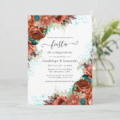 Invitation Espagnol Turquoise & Coral Floral (Debout devant)