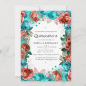 Invitation Espagnol Turquoise et Corail Floral Quinceañera (Devant)