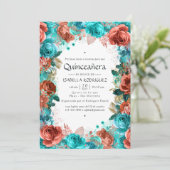Invitation Espagnol Turquoise et Corail Floral Quinceañera (Debout devant)